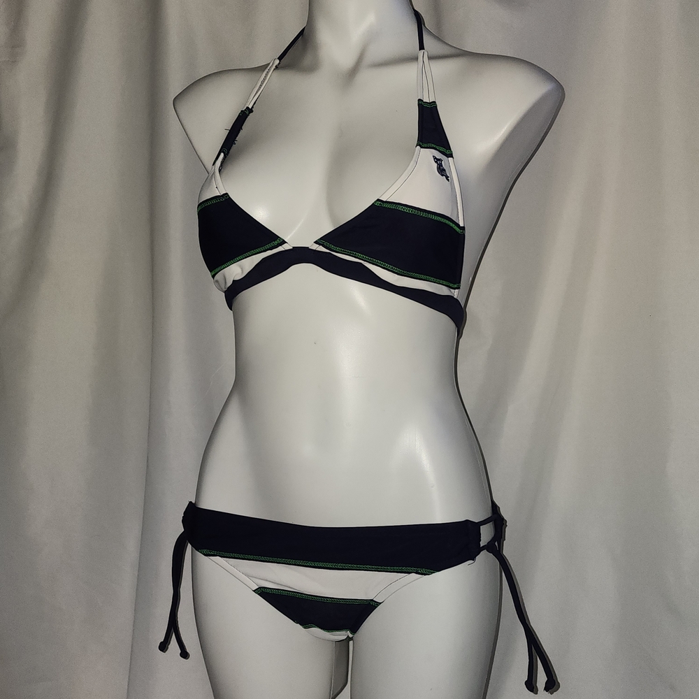 Navy & White Striped Triangle Bikini with Green Stitching
